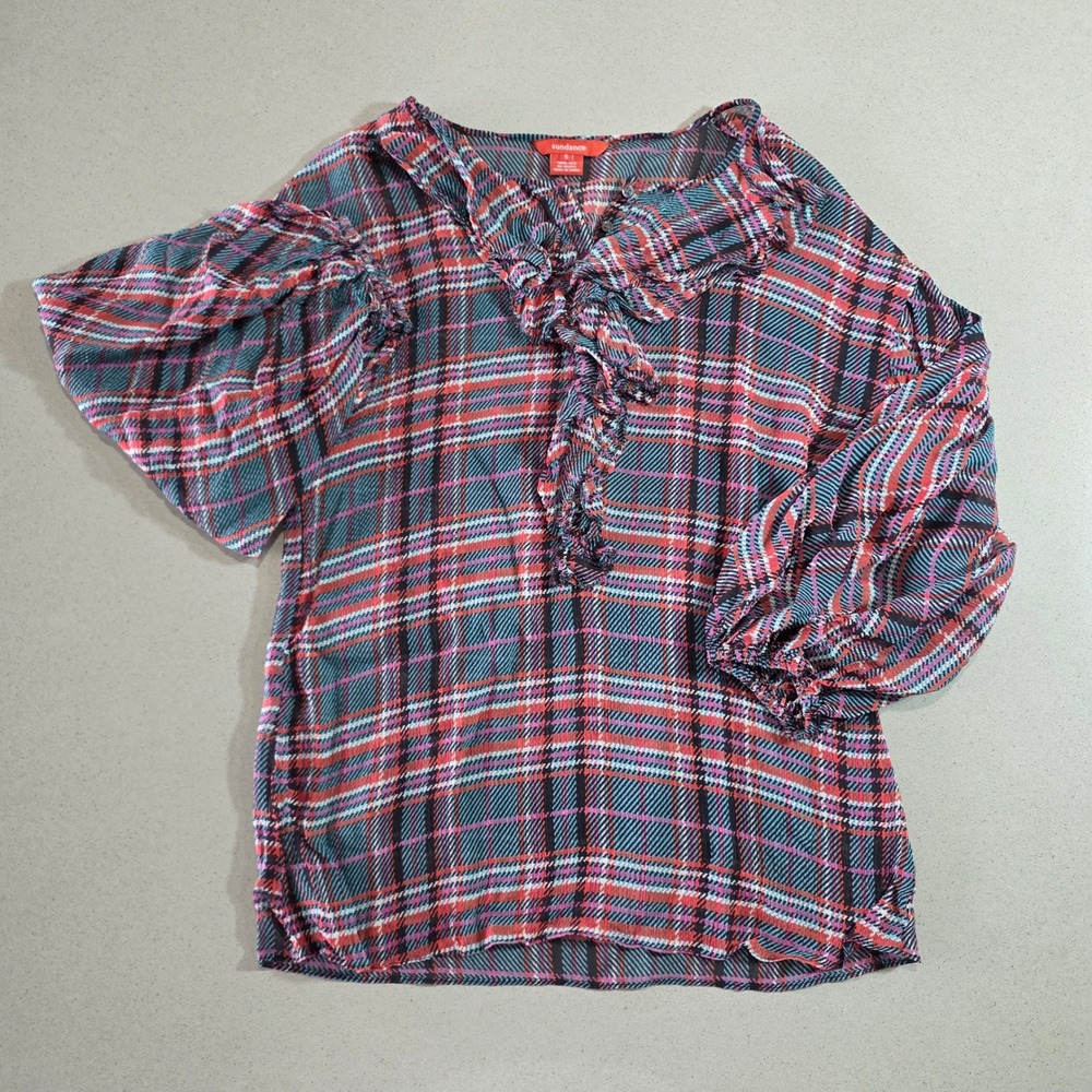 Sundance Womens Red Teal Plaid 100% Silk Ruffle Balloon Sleeve Blouse Size S